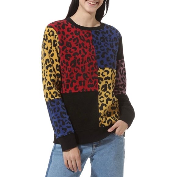 VANS Wyld Tangle Crew Sweatshirt Pullover Patchwork Leopard Size VN0A4BEMZUH - Picture 1 of 3